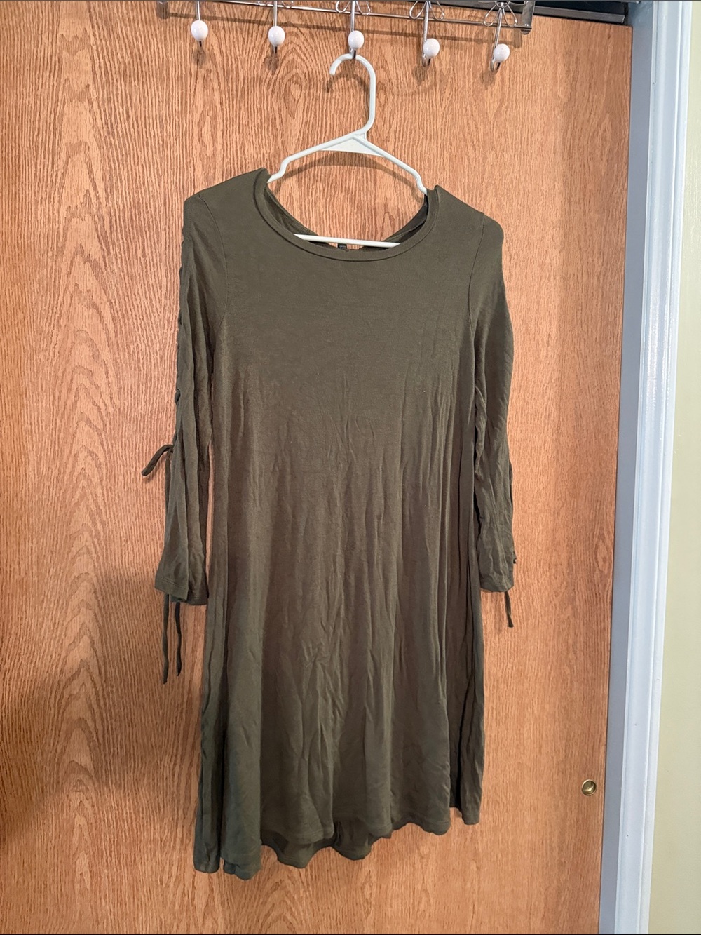 Express Olive Green Long Sleeve Swing Dress with Sleeve Ties